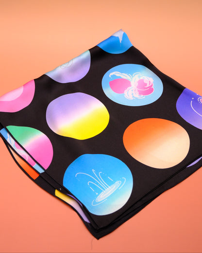 "OF HER BODY" SILK BANDANA SCARF- BLACK DOTS