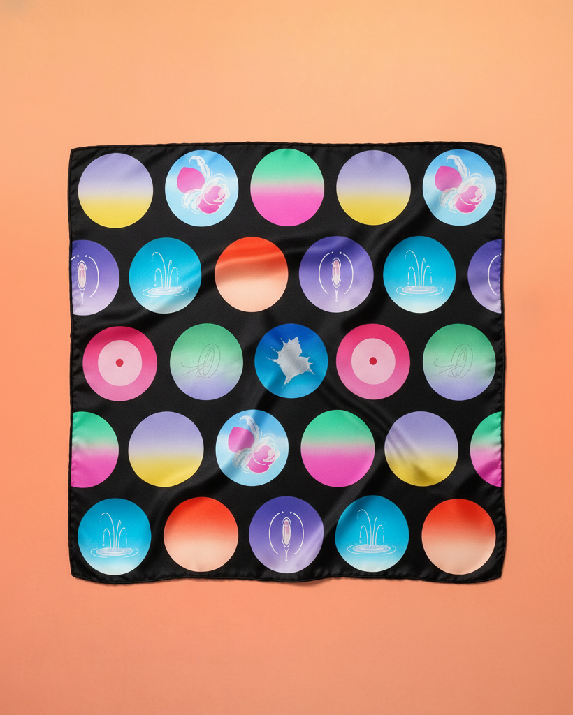 "OF HER BODY" SILK BANDANA SCARF- BLACK DOTS